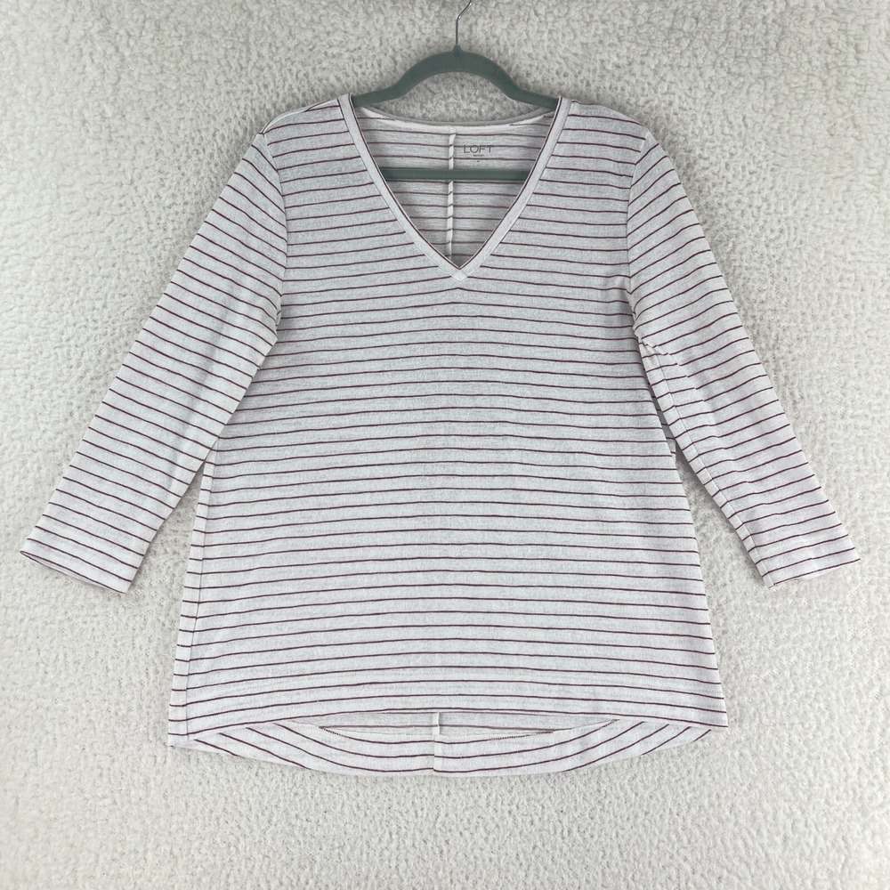 LOFT Outlet White Stripe v-Neck‎ Shirt Womens Long Sleeve Pullover Size Medium